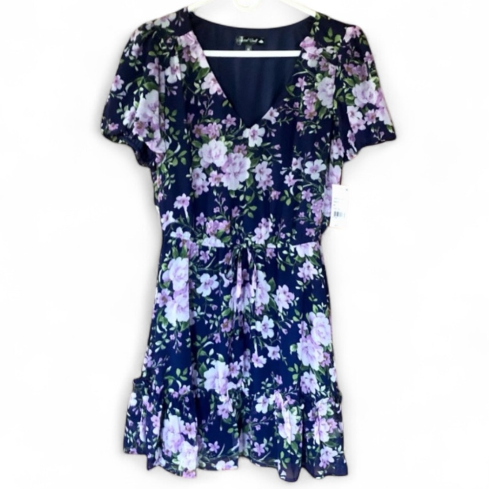 Crystal Doll Blue Floral Chiffon Dress Women’s Sz Medium V-Neck Ruffle Hem NWT